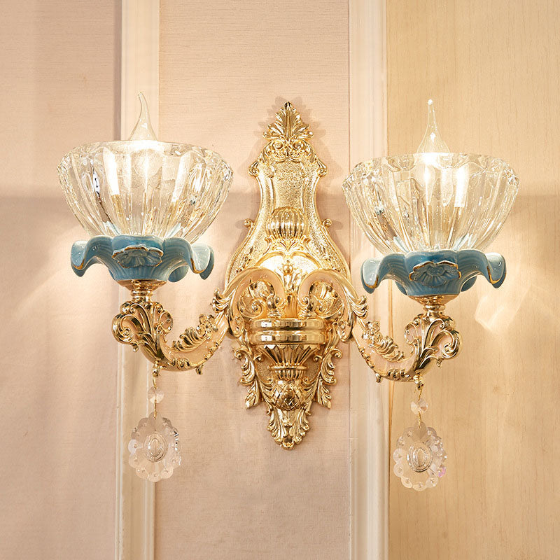 Traditional European Flower Petal Zinc Alloy Crystal Glass 1/2 Wall Sconce Lamp For Living Room