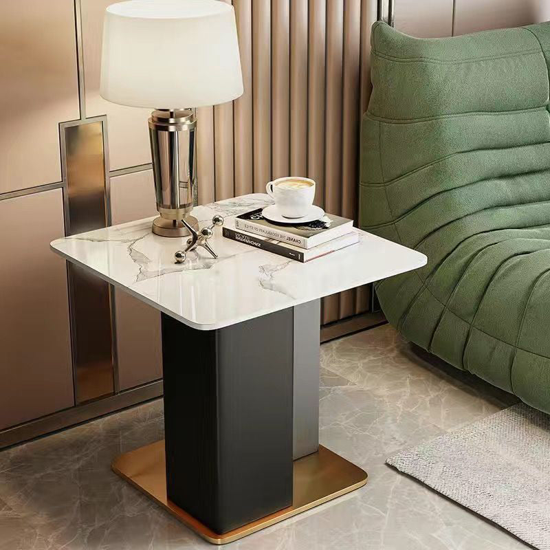 Contemporary Scandinavian Square Column Slate Leather Wood Carbon Steel End Table For Living Room