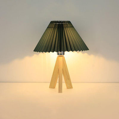 Modern Minimalist Trapezoid Tripod Pleated Fabric Shade Wood 1-Light Table Lamp For Bedroom