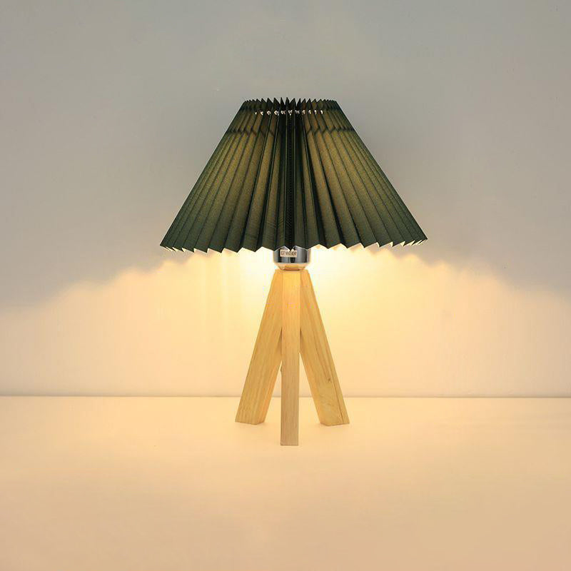 Modern Minimalist Trapezoid Tripod Pleated Fabric Shade Wood 1-Light Table Lamp For Bedroom