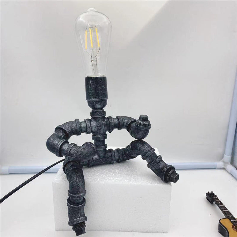 Contemporary Industrial Iron Water Pipe Robot Design 1-Light Table Lamp For Bedroom