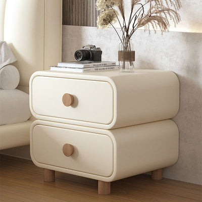 Contemporary Scandinavian Square Tabletop Solid Wood Microfiber Leather Stainless Steel Nightstand 2-Drawer For Bedroom