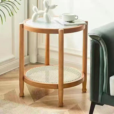 Modern Minimalist Round Solid Wood Glass Rattan Coffee Table 2-Tier For Living Room