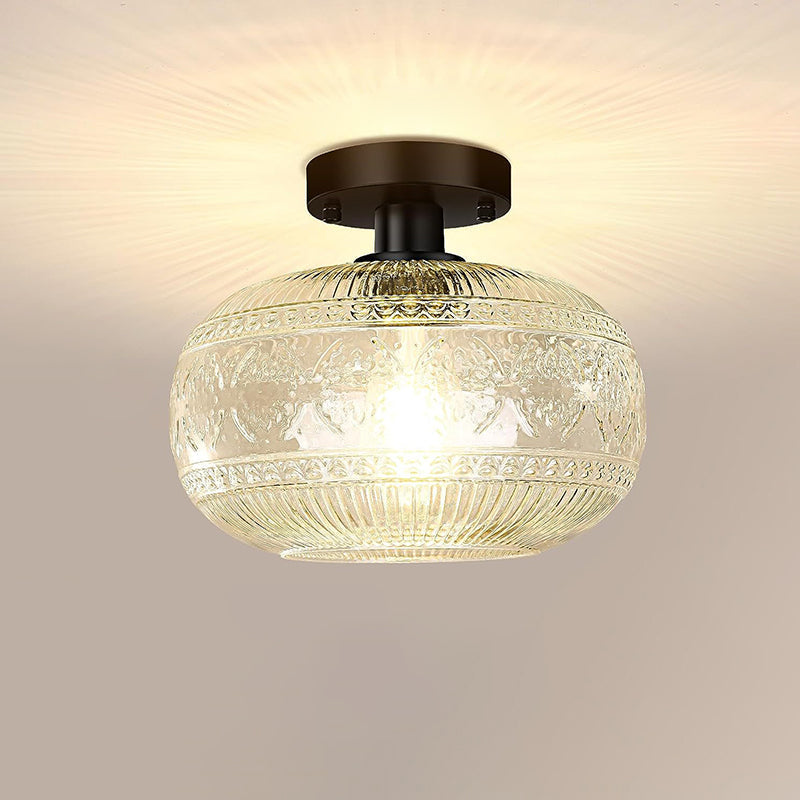 Modern Minimalist Round Patterned Spherical Glass Crystal Iron 1-Light Semi-Flush Mount Ceiling Light For Living Room