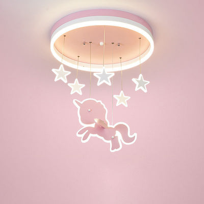 Contemporary Nordic Kids Iron Acrylic Round Unicorn Star LED Flush Mount Ceiling Light For Bedroom