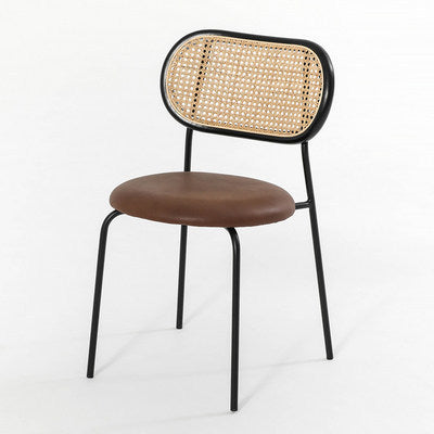 Contemporary Nordic Round Leather Wood Rattan Chair Backrest For Living Room