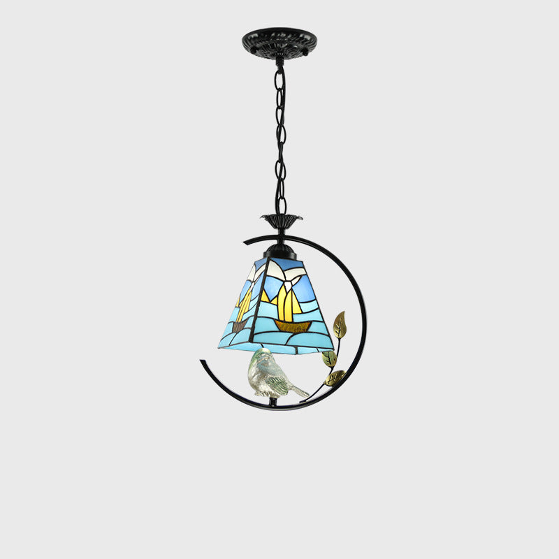 Traditional Tiffany Mediterranean Stained Glass Bird Decoration 1-Light Pendant For Living Room