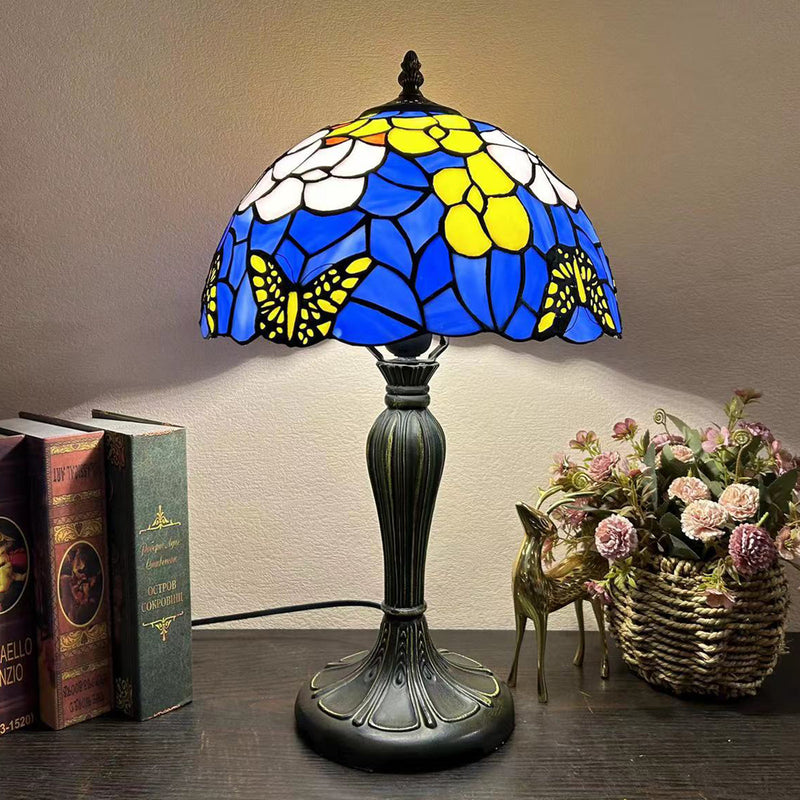 Traditional Tiffany Round Dome Flower Alloy Stained Glass 1-Light Table Lamp For Living Room