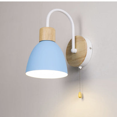 Modern Minimalist Macaron Curved Pole Round Cup Iron Wood 1-Light Wall Sconce Lamp For Bedroom