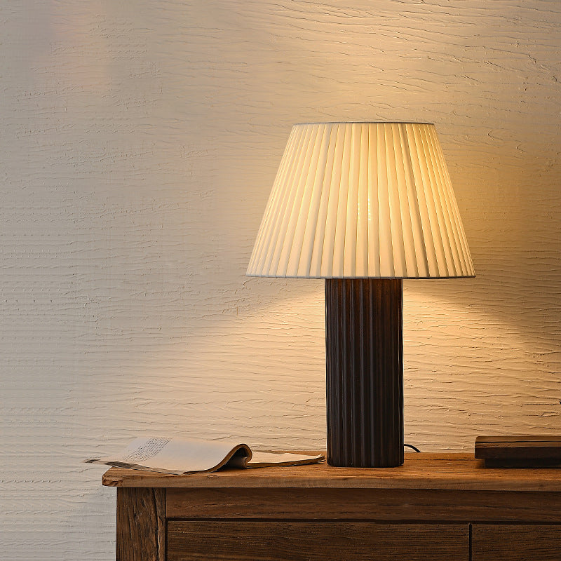 Contemporary Retro Cylinder Pleated Wood Fabric Brass 1-Light Table Lamp For Bedside