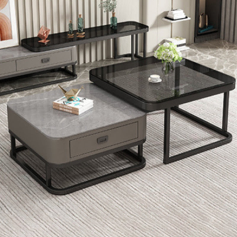 Modern Minimalist Square Rock Slab Glass Metal Combination Coffee Table 1-Drawer For Living Room