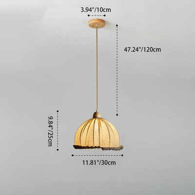 Traditional Rustic Half Round Rubber Wood Linen 1-Light Pendant Light For Living Room