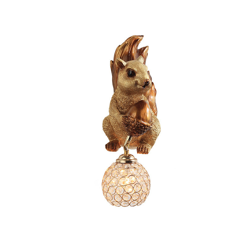 Traditional European Kids Squirrel Ball Crystal Resin 1-Light Wall Sconce Lamp For Bedside