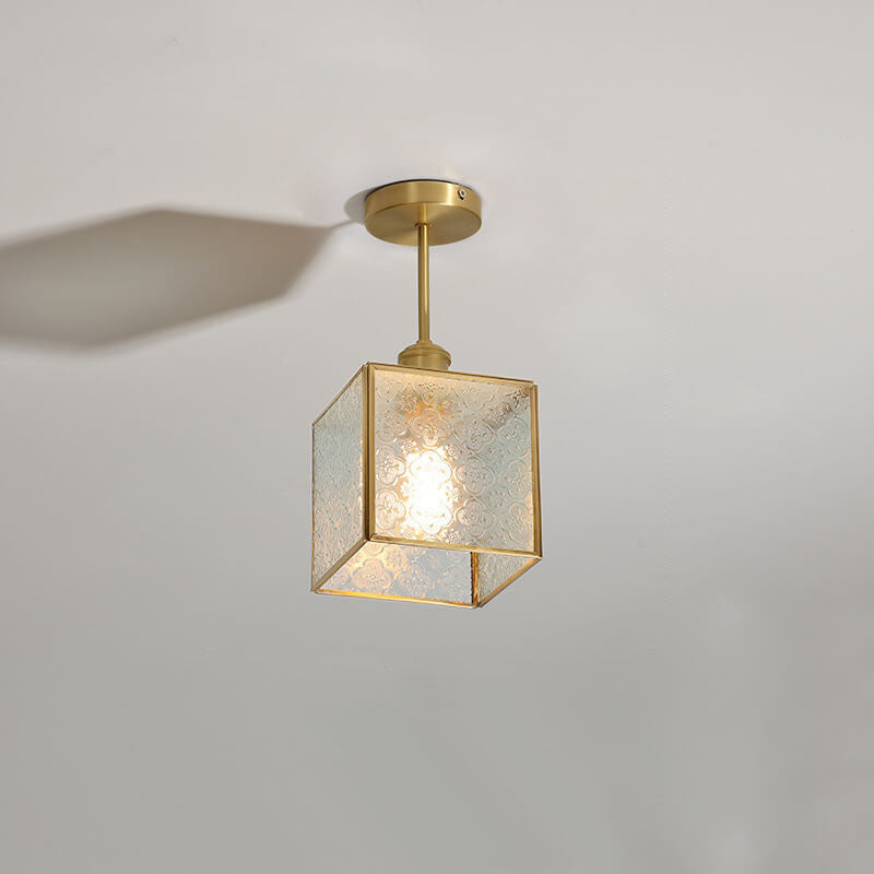 French Vintage Copper Gold Finish Frame Polygonal Glass 1-Light Semi-Flush Mount Ceiling Light