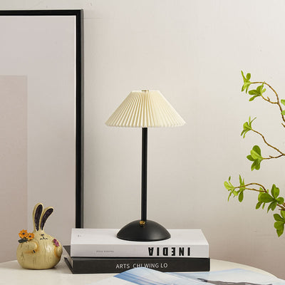 Contemporary Scandinavian Rechargeable Iron Fabric Conic Pleated LED Table Lamp For Bedside