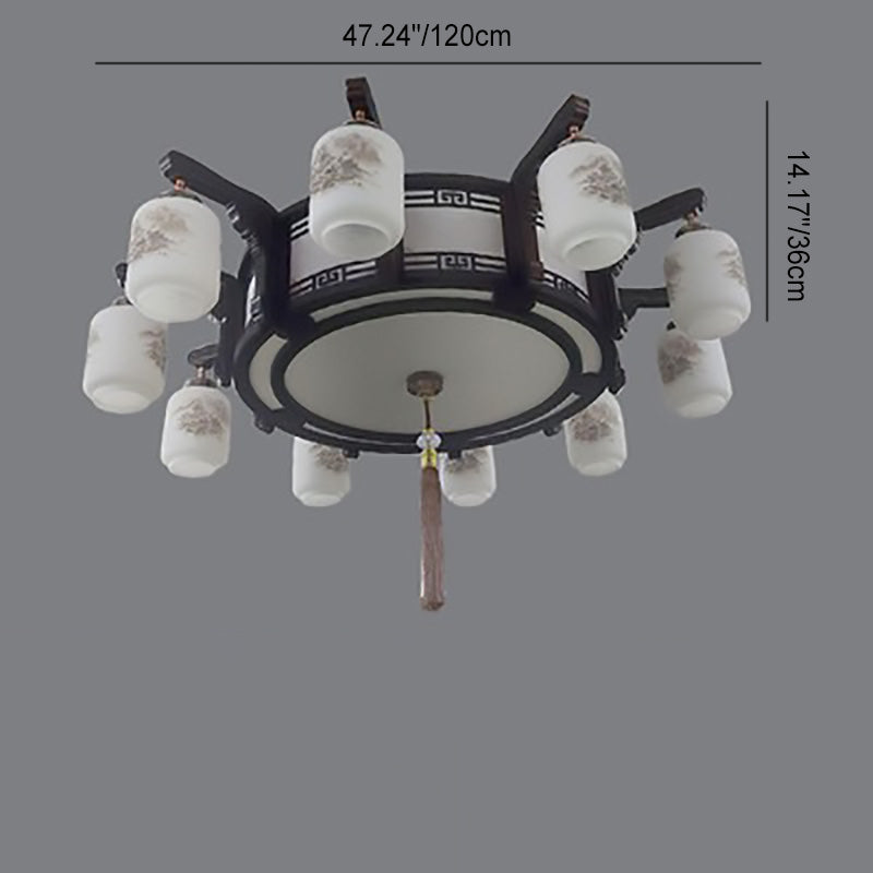 Traditional Chinese Wood Acrylic Glass Round Rectangular Lantern 6/8/10 Light Flush Mount Ceiling Light For Living Room