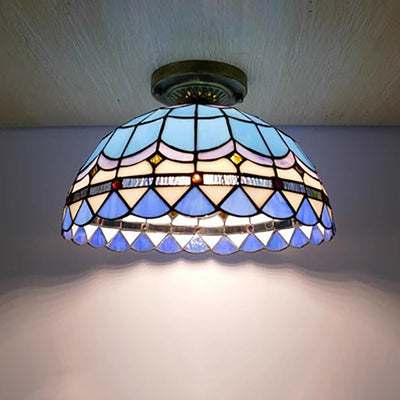 Traditional Tiffany Dome Iron Glass 1-Light Semi-Flush Mount Ceiling Light For Living Room