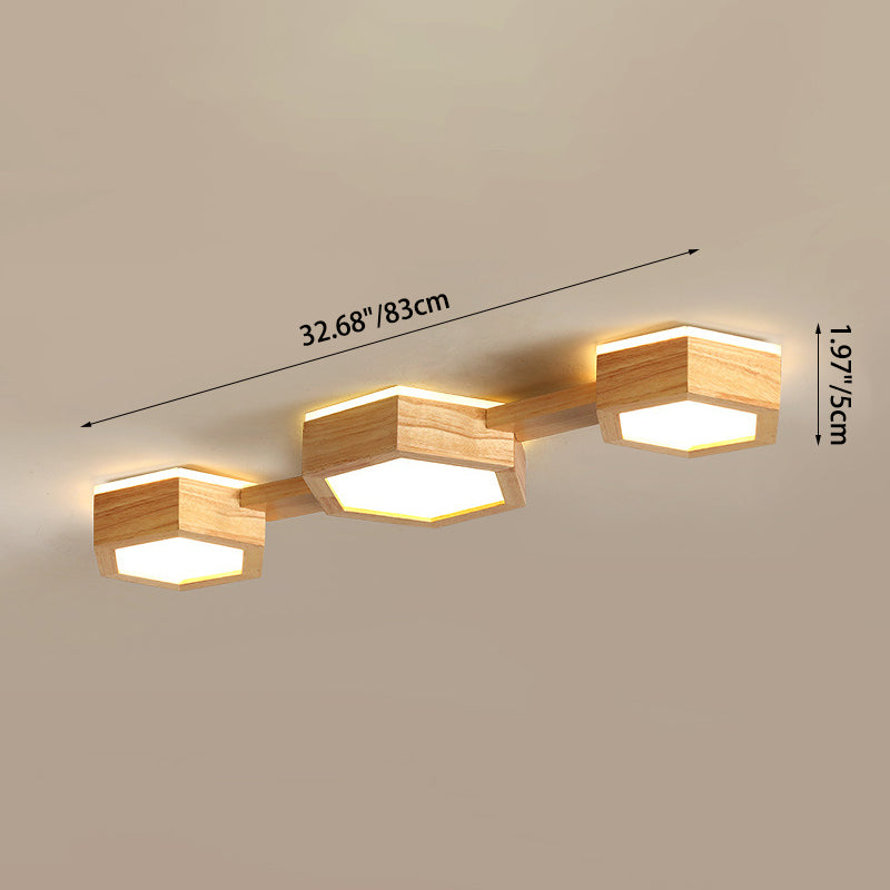 Traditional Japanese Hexagon Wood Acrylic LED Flush Mount Ceiling Light For Living Room