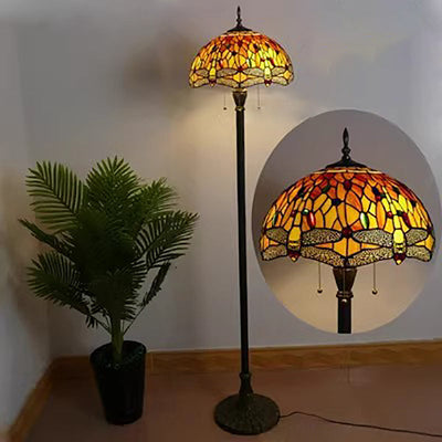 Traditional Tiffany Column Iron Glass 3-Light Standing Floor Lamp For Living Room