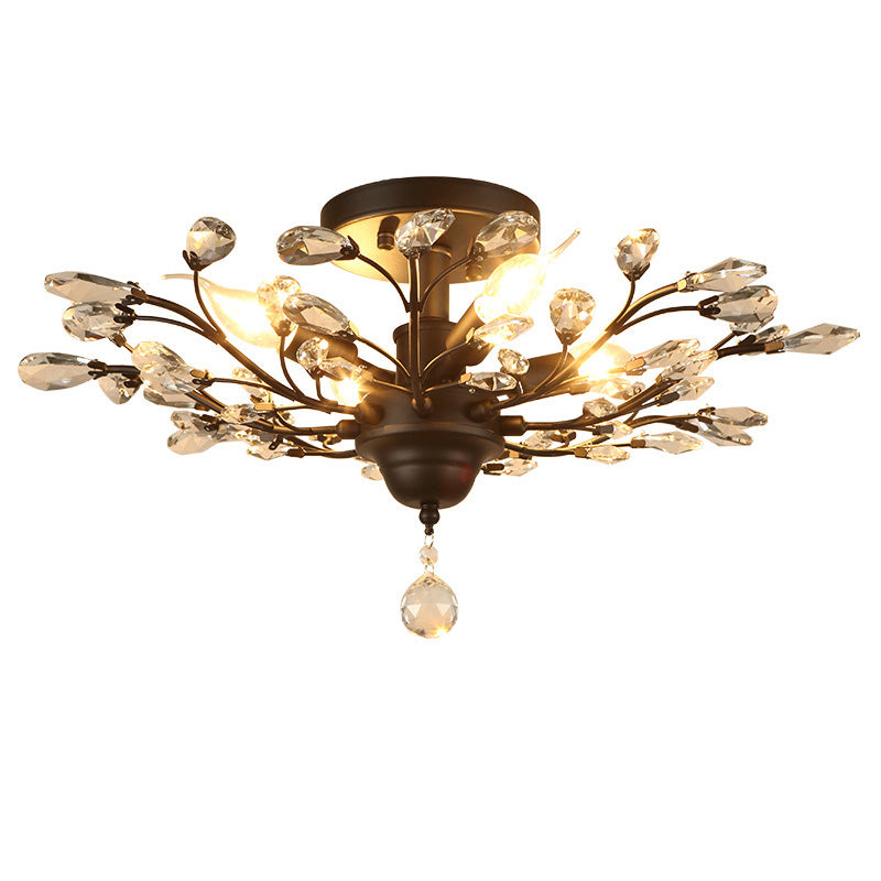 Traditional European Branch Iron Crystal 4/5/6 Light Semi-Flush Mount Ceiling Light For Living Room