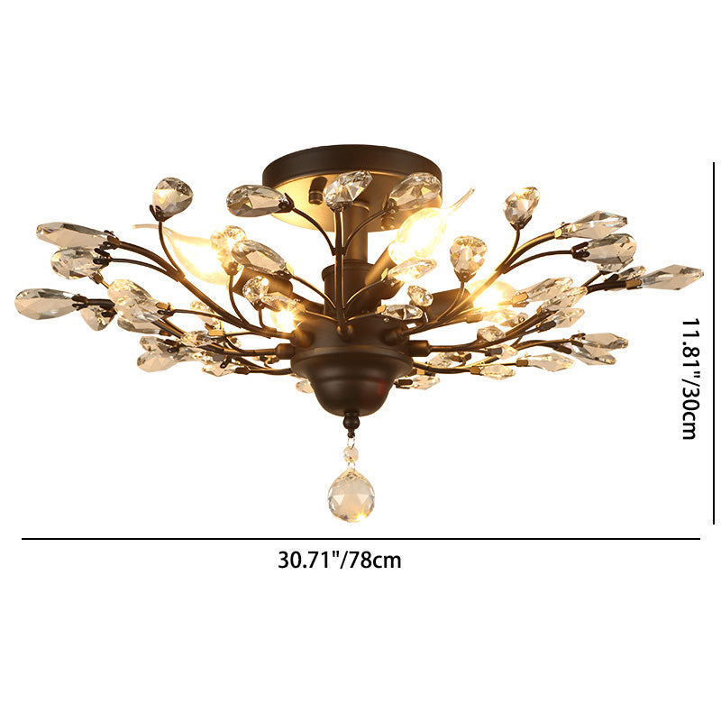 Traditional European Branch Iron Crystal 4/5/6 Light Semi-Flush Mount Ceiling Light For Living Room