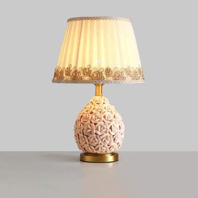 Contemporary Creative Rose Vase Base Cylinder Copper Ceramic Fabric 1-Light Table Lamp For Bedroom