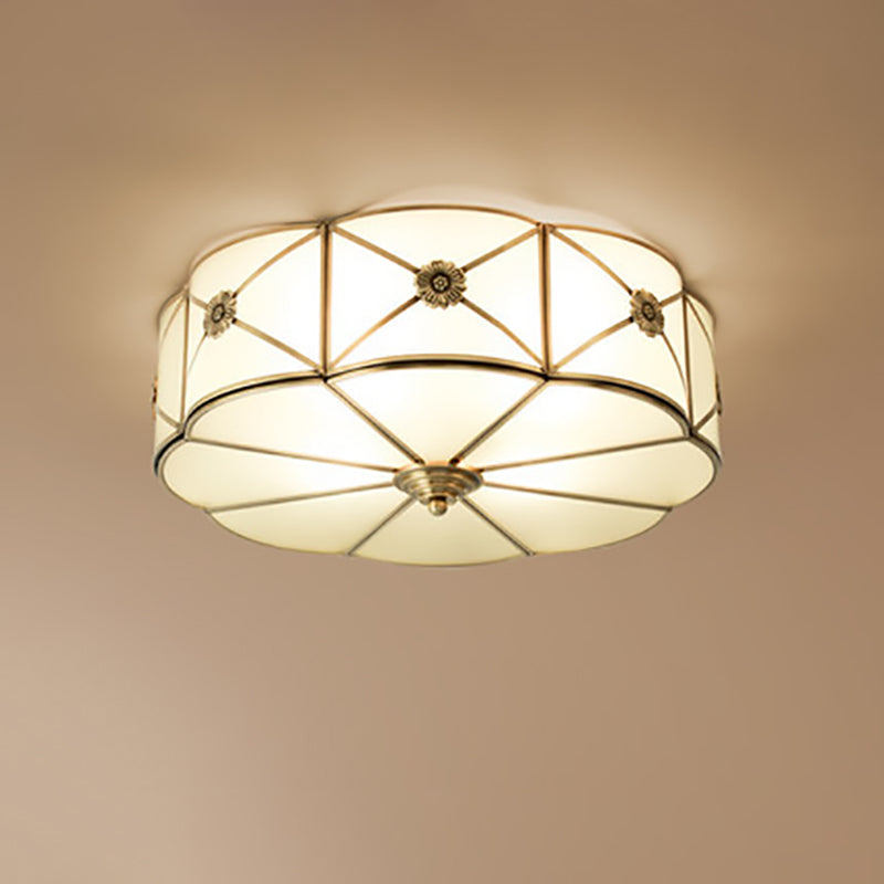 Traditional European Brass Glass Round Hand Carved 3/4/6 Light Flush Mount Ceiling Light For Living Room