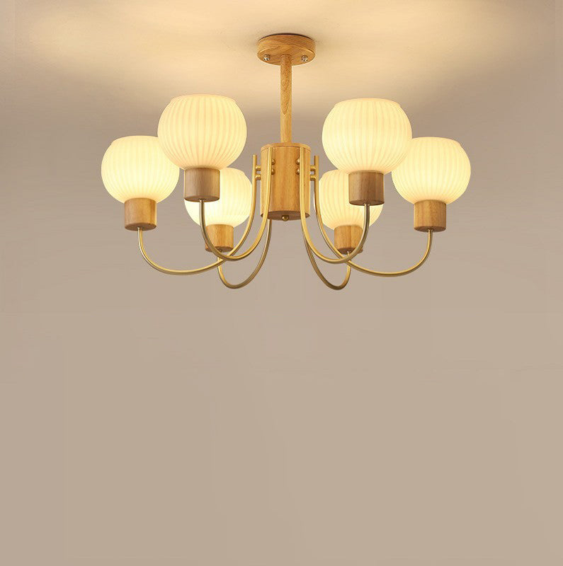 Modern Minimalist Branch Round Solid Wood Glass Hardware 6/8 Light Chandelier For Living Room