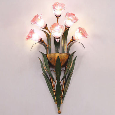 Contemporary Creative Tulip Frosted Glass Shade Iron Frame 6-Light Wall Sconce Lamp For Living Room