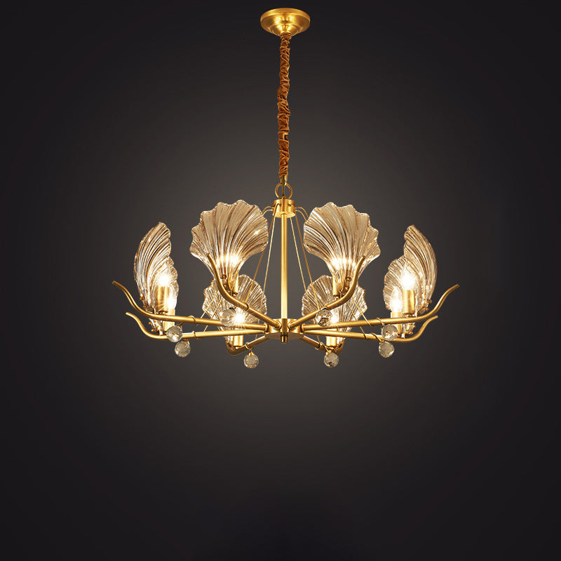 Contemporary Luxury Branch Leaf All Copper Glass 3/6/8 Light Chandelier For Living Room