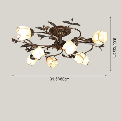 Traditional French Flower Shaped Iron Glass 4/6/8/10/12 Light Semi-Flush Mount Ceiling Light For Bedroom