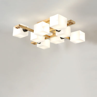 Traditional Japanese Wood Glass Cubic Square 4/5/8/9 Light Semi-Flush Mount Ceiling Light For Living Room