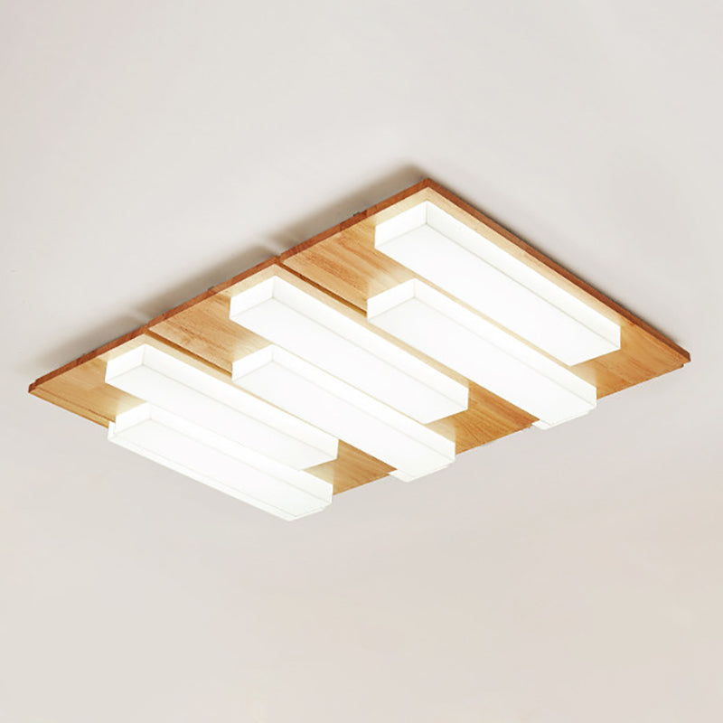 Traditional Japanese Acrylic Rectangular Block Combination Wood LED Flush Mount Ceiling Light For Bedroom