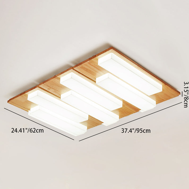 Traditional Japanese Acrylic Rectangular Block Combination Wood LED Flush Mount Ceiling Light For Bedroom