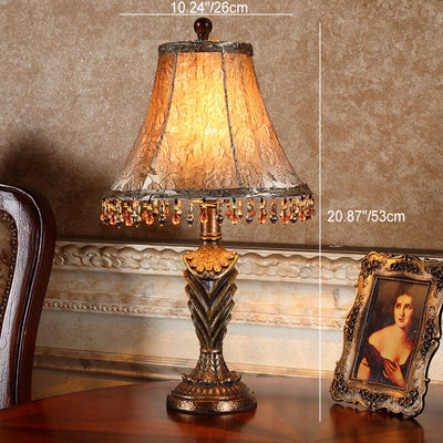 Traditional European Cylinder Carved Stripe Base Resin Fabric 1-Light Table Lamp For Bedroom