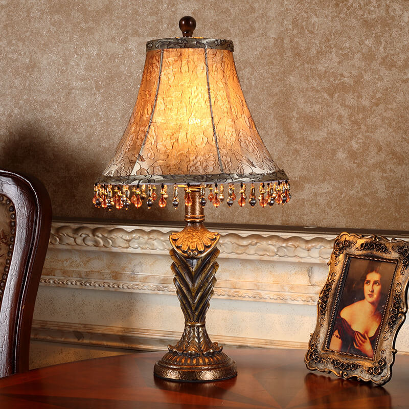 Traditional European Cylinder Carved Stripe Base Resin Fabric 1-Light Table Lamp For Bedroom