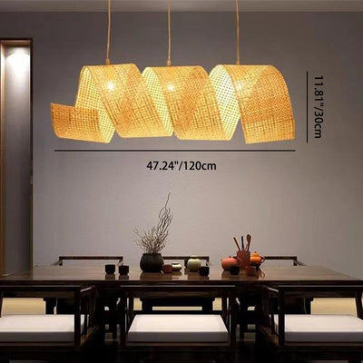 Traditional Japanese Bamboo Weaving Ribbon Shape 2/3-Light Chandelier For Dining Room