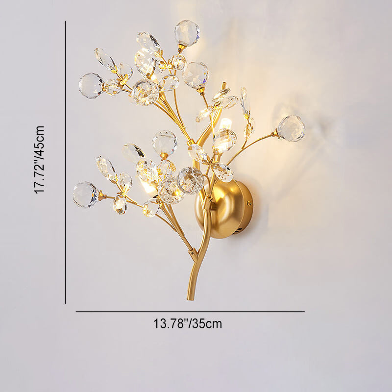 Contemporary Creative Branch Ball Leaf Iron Crystal 2/3 Light Wall Sconce Lamp For Living Room