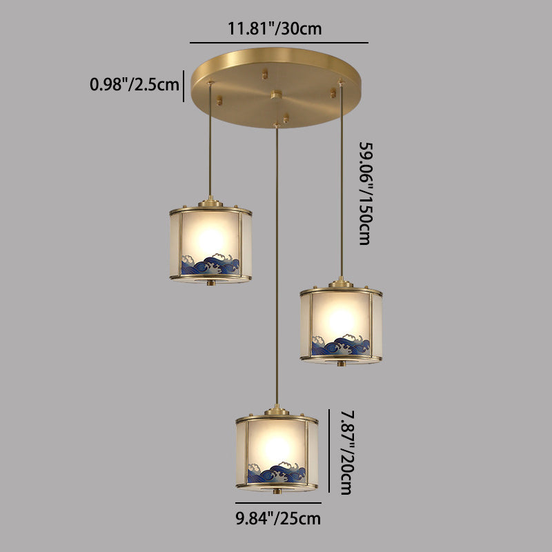 Traditional Chinese Painting Cylinder Copper Solder 1/3/6 Light Island Light Chandelier For Living Room