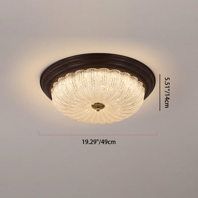 Traditional Vintage Round Fountain Crystal Glass Iron Water Turned Wood Grain LED Flush Mount Ceiling Light For Living Room