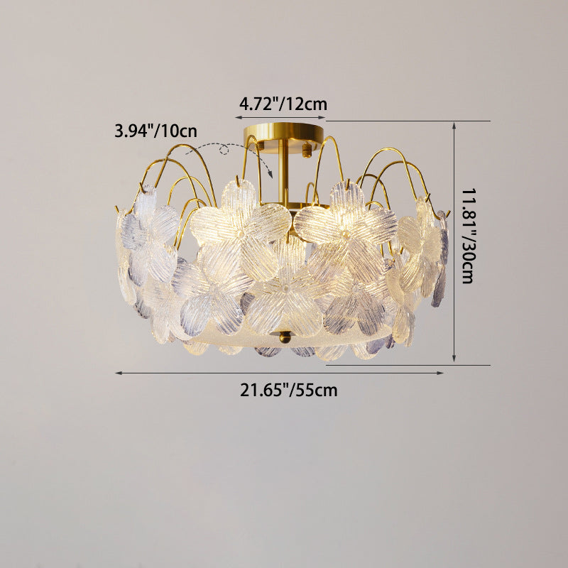 Traditional French Iron Glass Round Flower 5/6 Light Semi-Flush Mount Ceiling Light For Living Room