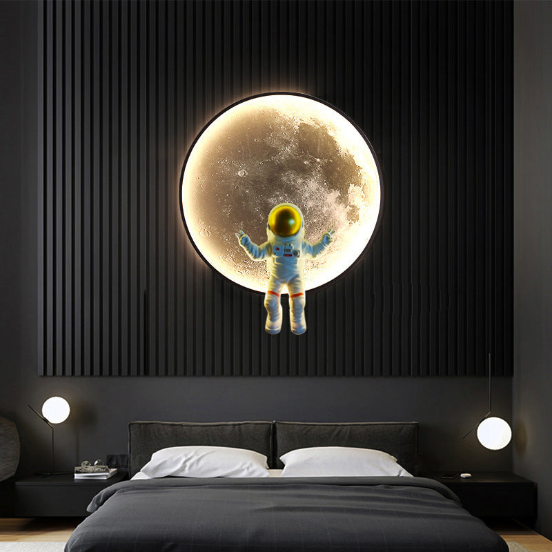 Contemporary Creative Round Lunar Astronaut Hardware Resin LED Wall Sconce Lamp For Bedroom