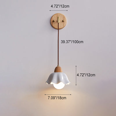 Zeitgenössische Retro Zylinder Blütenblatt Kegel Massivholz Glas 1-Licht Wandleuchte Lampe für Schlafzimmer 