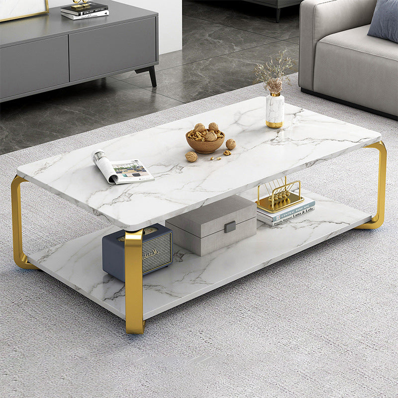 Modern Minimalist Rectangular Table Top Metal Marble Coffee Table 1-Shelf For Living Room