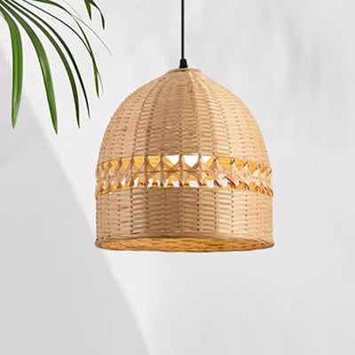 Traditional Chinese Round Dome Bamboo Weaving Hollow 1-Light Pendant Light For Living Room