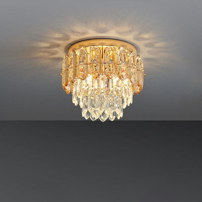 Modern Luxury Art Deco Round Crystal Gold 3-Light Flush Mount Ceiling Light For Hallway