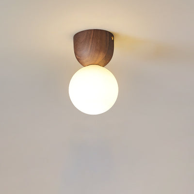 Contemporary Scandinavian Walnut Copper Glass Ball 1-Light Semi-Flush Mount Ceiling Light For Hallway