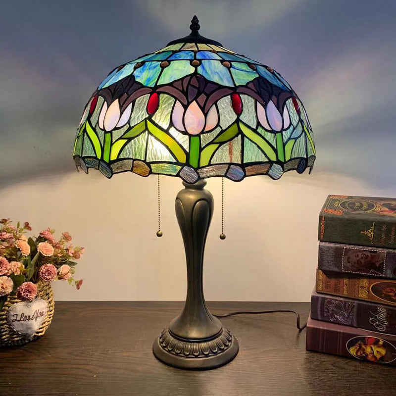 Traditional Tiffany Umbrella Flower Dragonfly Alloy Stained Glass 2-Light Table Lamp For Bedroom