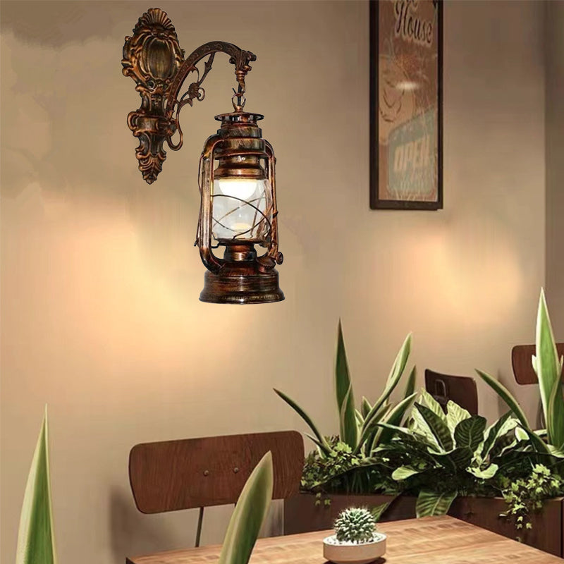 Traditional Vintage Iron Glass Cylinder Kerosene Lantern Mermaid 1-Light Wall Sconce Lamp For Hallway