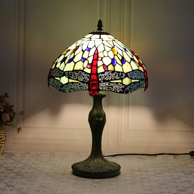 Traditional Tiffany Dragonfly Stained Glass Resin Base 1-Light Table Lamp For Home Office